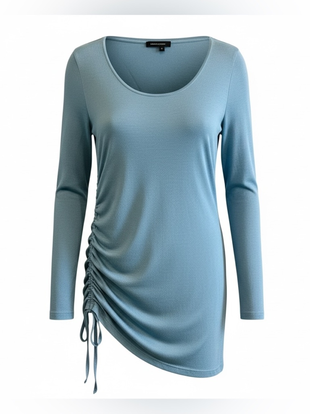 Sulk Blend. Magaschoni Light Blue Scoop Neck Long Sleeve Side Ruched Top